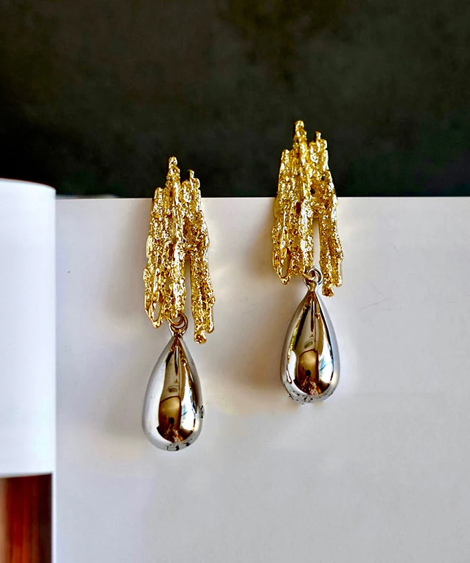 Fine Gold Copper Overgild Asymmetrical Water Droplet Gold Drop Earrings - Image 3