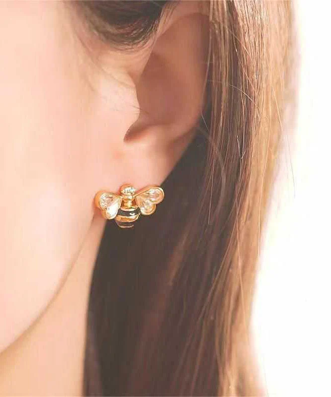 Fine Gold Copper Overgild Zircon Drip Glaze Little Bee Stud Earrings - Image 2