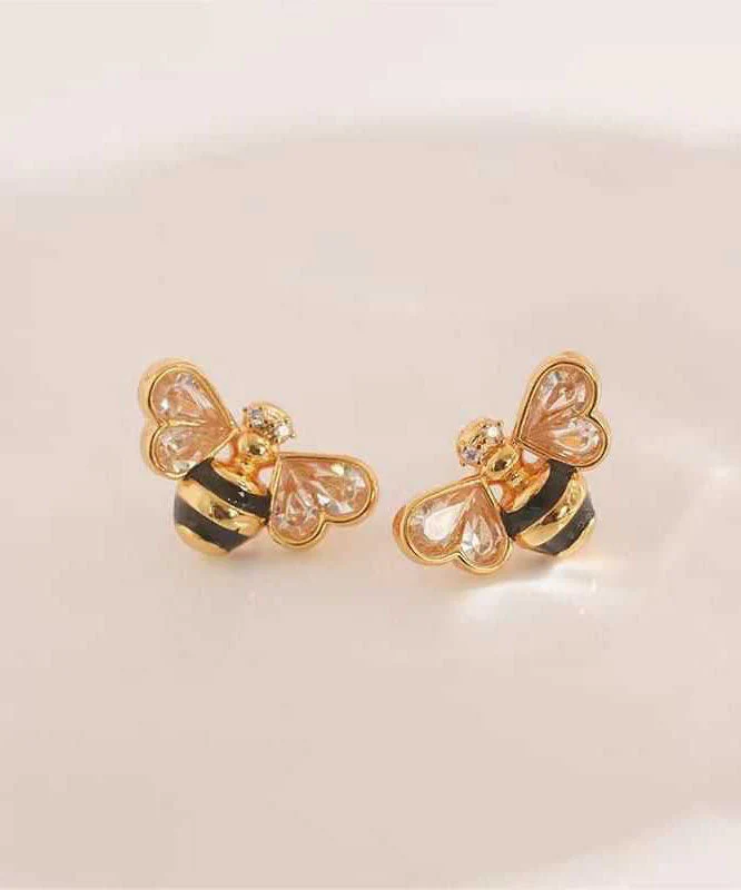 Fine Gold Copper Overgild Zircon Drip Glaze Little Bee Stud Earrings - Image 3