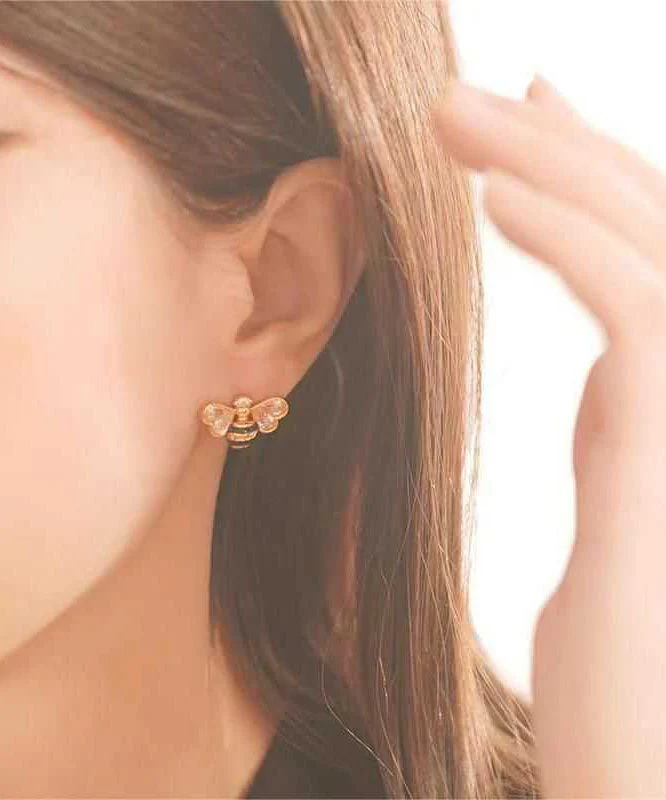 Fine Gold Copper Overgild Zircon Drip Glaze Little Bee Stud Earrings - Image 4