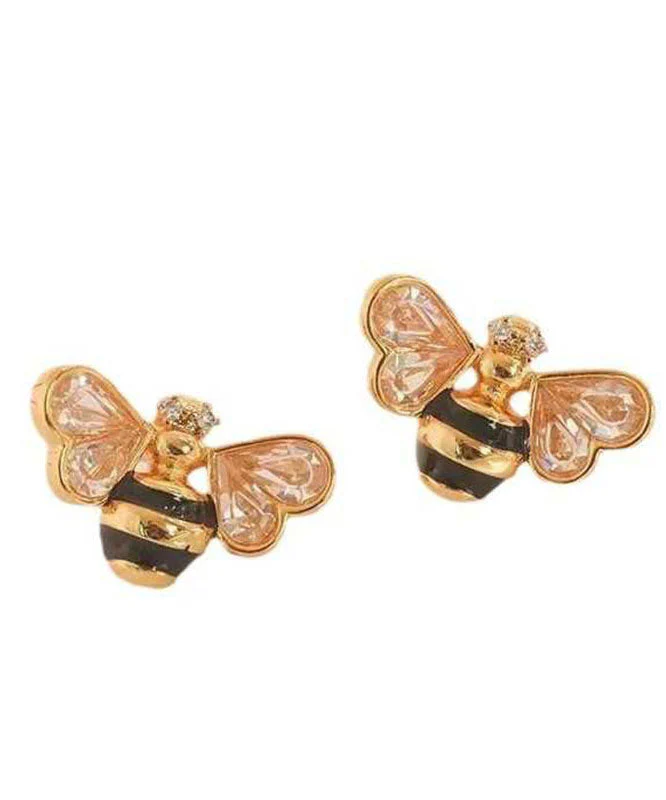 Fine Gold Copper Overgild Zircon Drip Glaze Little Bee Stud Earrings - Image 5