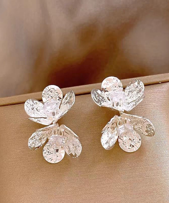 Fine Gold Copper Overgild Zircon Floral Stud Earrings - Image 2