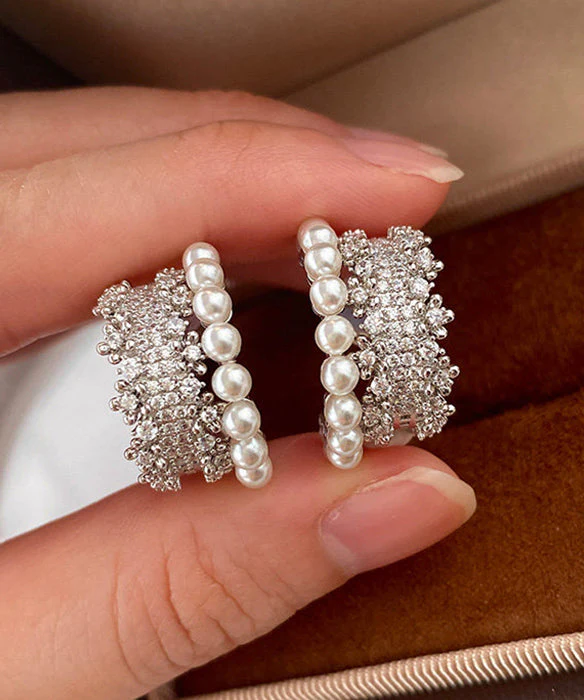 Fine Gold Zircon Pearl Copper Stud Earrings - Image 2