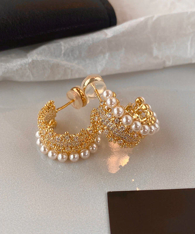 Fine Gold Zircon Pearl Copper Stud Earrings - Image 4