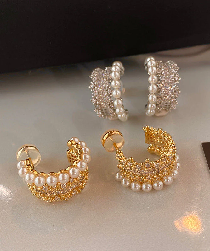 Fine Gold Zircon Pearl Copper Stud Earrings - Image 5