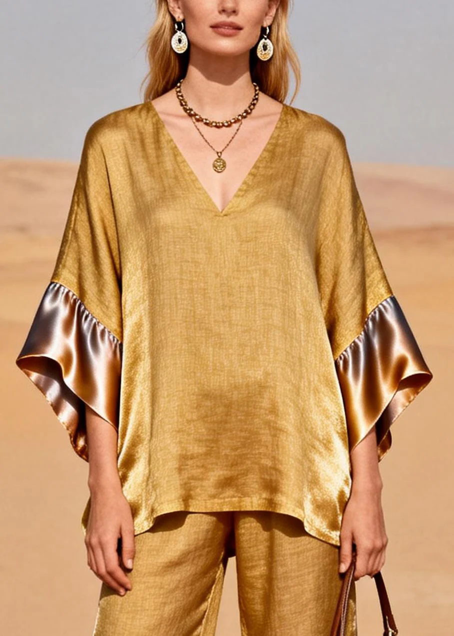 Fine Golden Oversized Patchwork Linen Silk Two Pieces Set Spring - Image 2