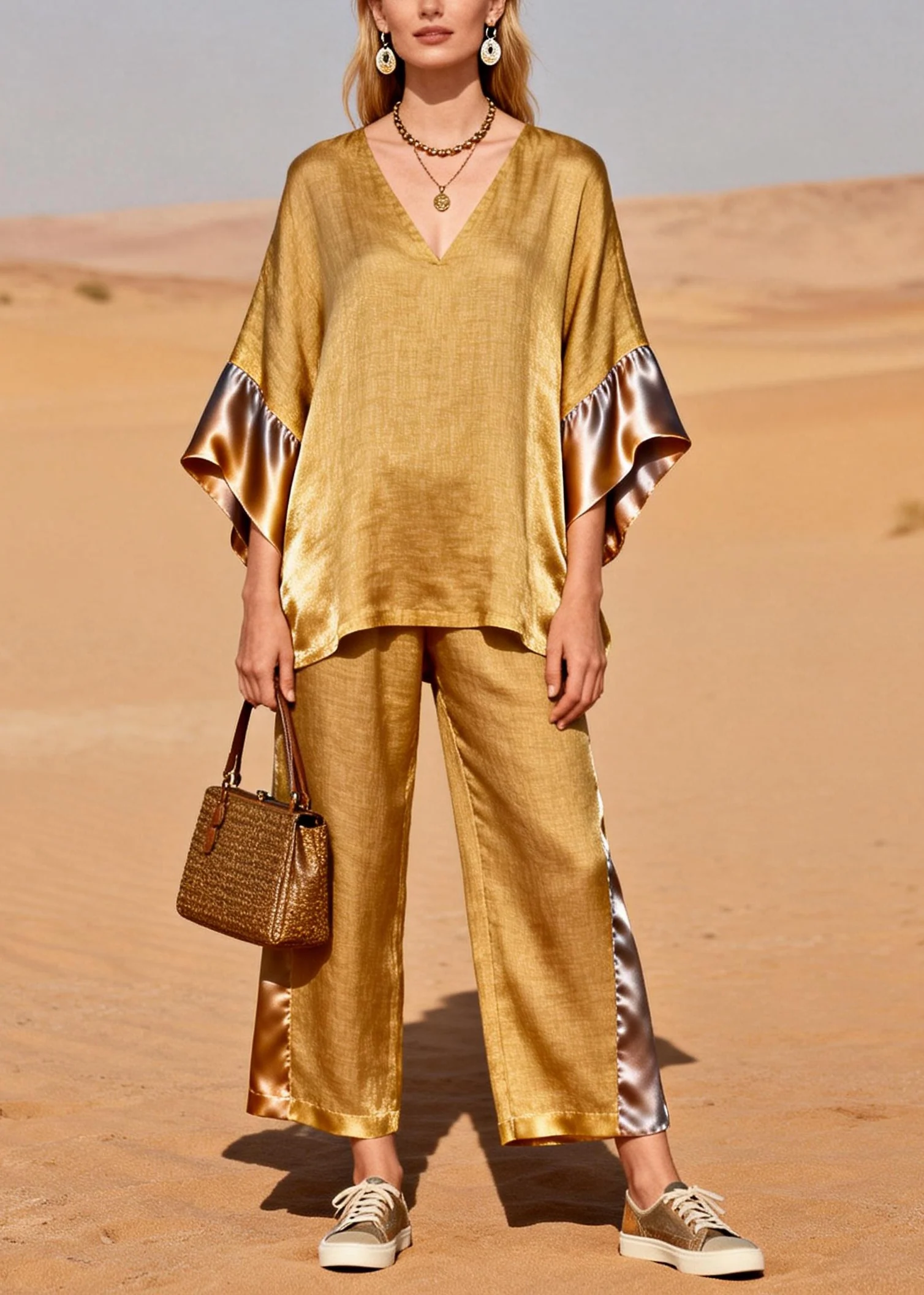 Fine Golden Oversized Patchwork Linen Silk Two Pieces Set Spring - Image 3