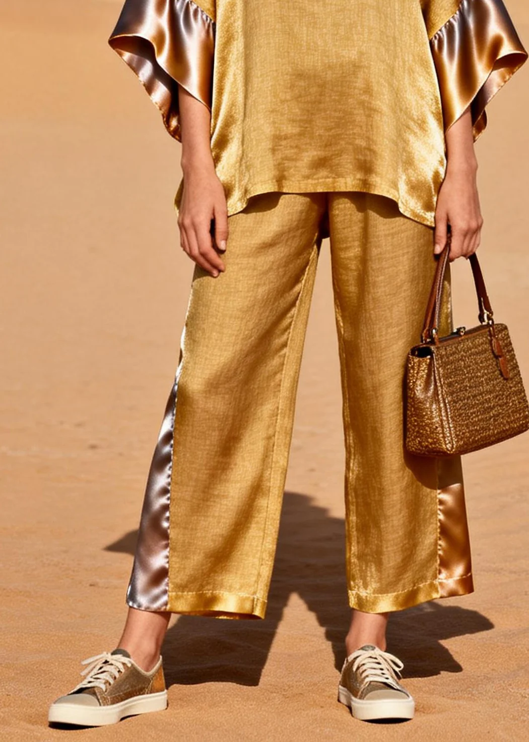 Fine Golden Oversized Patchwork Linen Silk Two Pieces Set Spring - Image 4