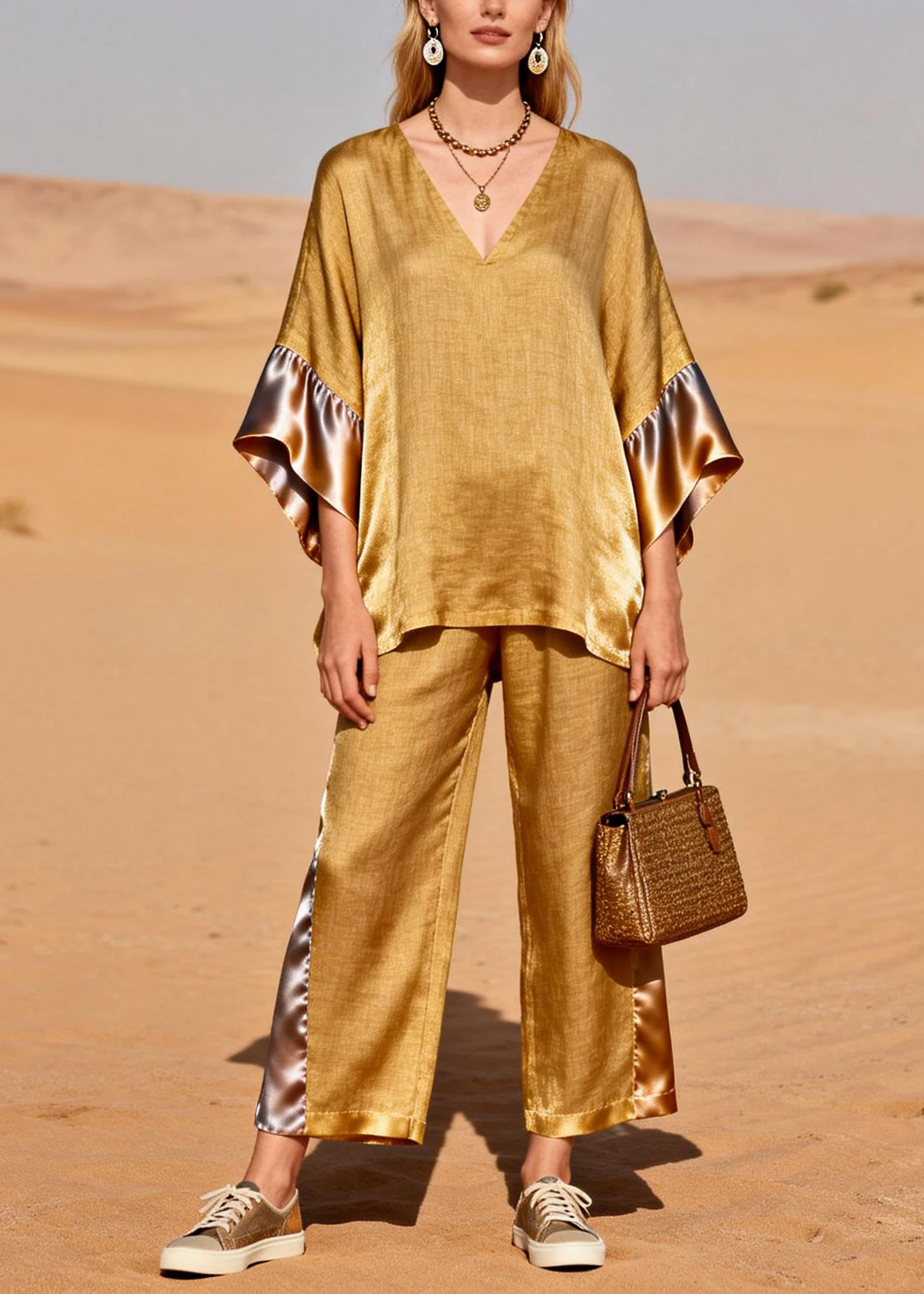 Fine Golden Oversized Patchwork Linen Silk Two Pieces Set Spring - Image 5