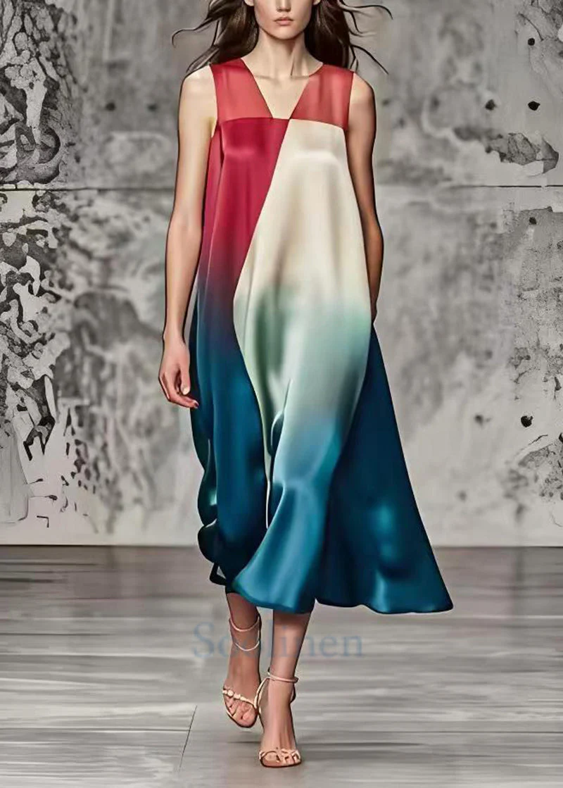 Fine Gradient Color Asymmetrical Patchwork Silk Long Dresses Summer - Image 2