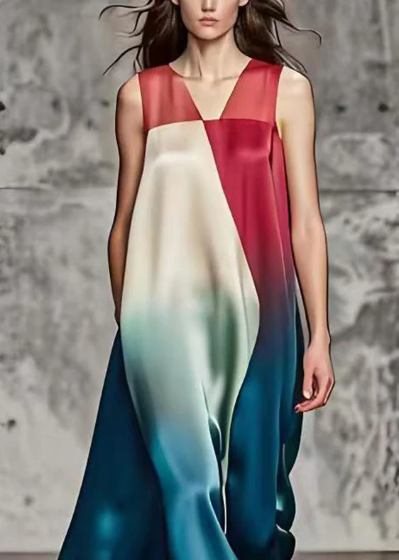 Fine Gradient Color Asymmetrical Patchwork Silk Long Dresses Summer - Image 3