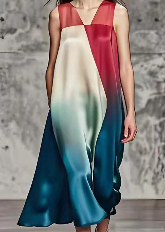 Fine Gradient Color Asymmetrical Patchwork Silk Long Dresses Summer - Image 4