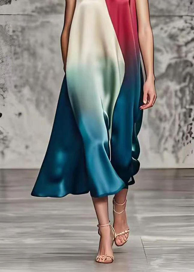 Fine Gradient Color Asymmetrical Patchwork Silk Long Dresses Summer - Image 5