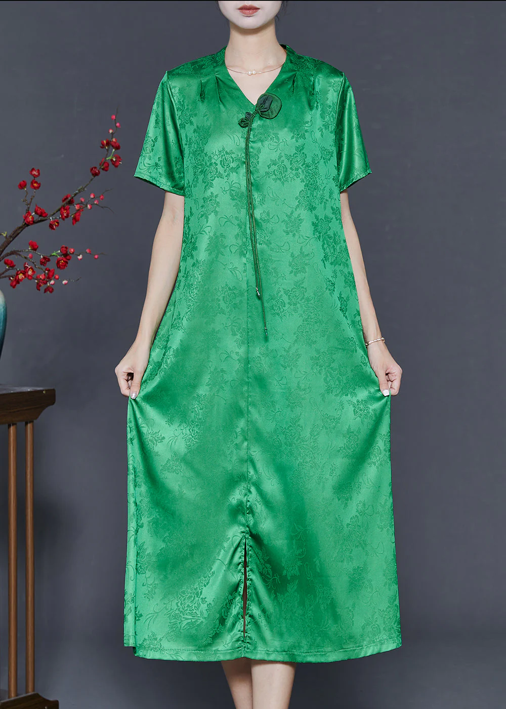 Fine Grass Green Tasseled Print Silk Dresses Summer - Image 2