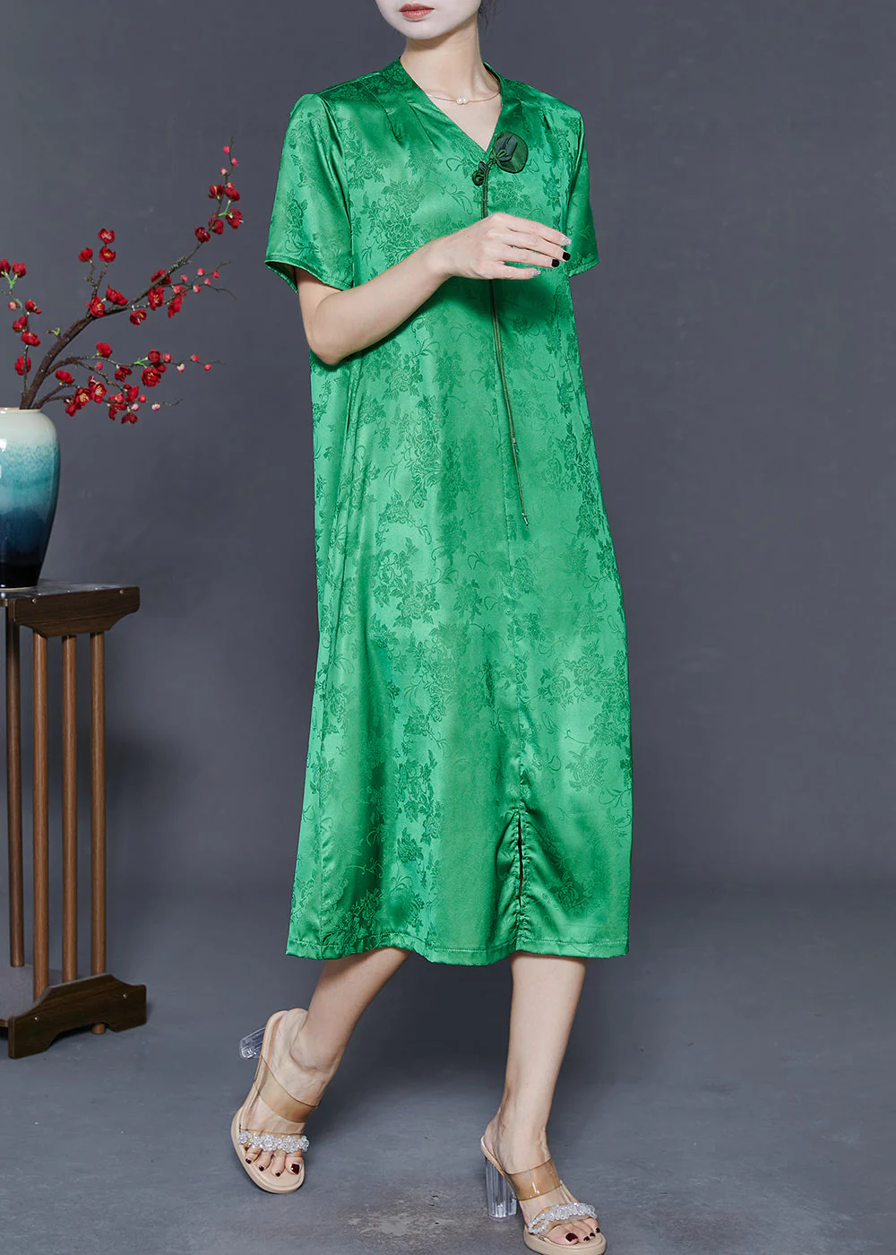 Fine Grass Green Tasseled Print Silk Dresses Summer - Image 3