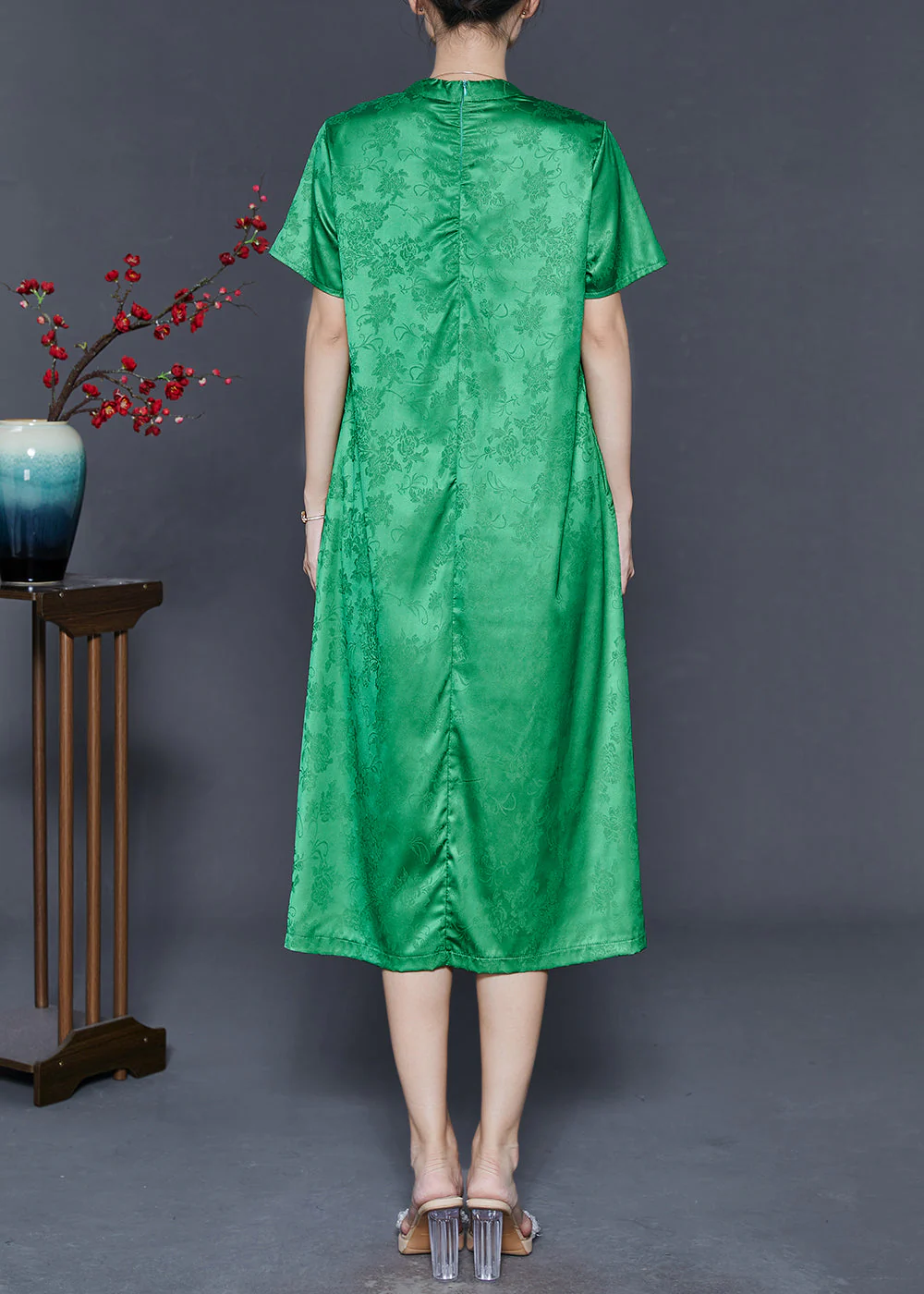 Fine Grass Green Tasseled Print Silk Dresses Summer - Image 4