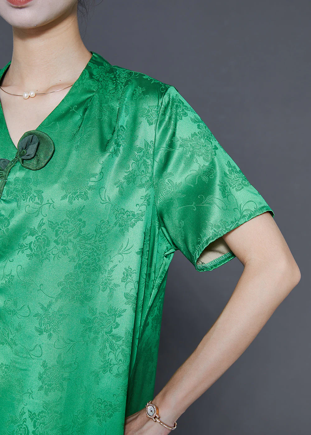 Fine Grass Green Tasseled Print Silk Dresses Summer - Image 5