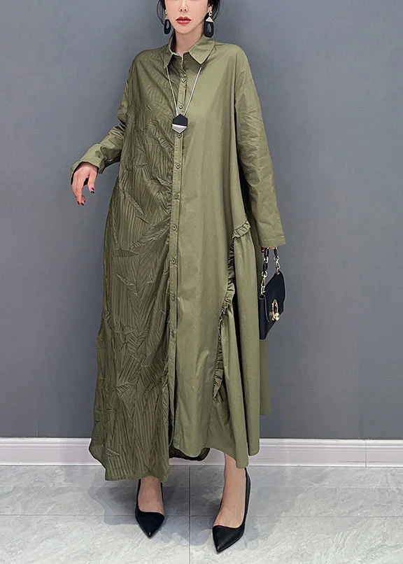 Fine Green Asymmetrical Patchwork Ruffled Wrinkled Maxi Dresses Spring - Image 3