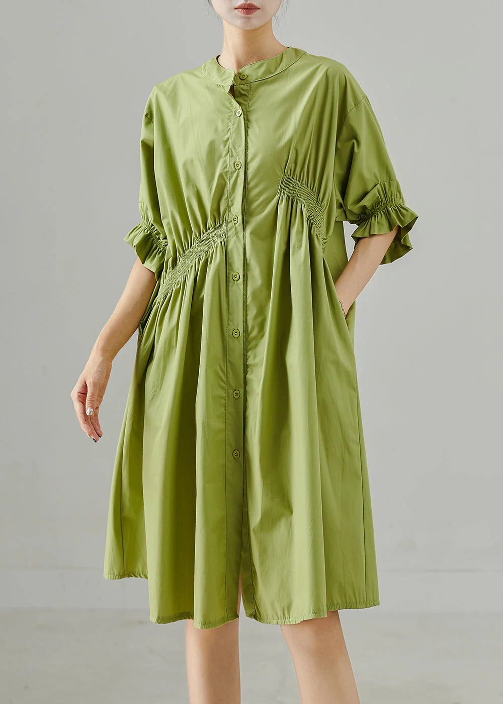 Fine Green Asymmetrical Wrinkled Cotton Day Dress Summer - Image 2