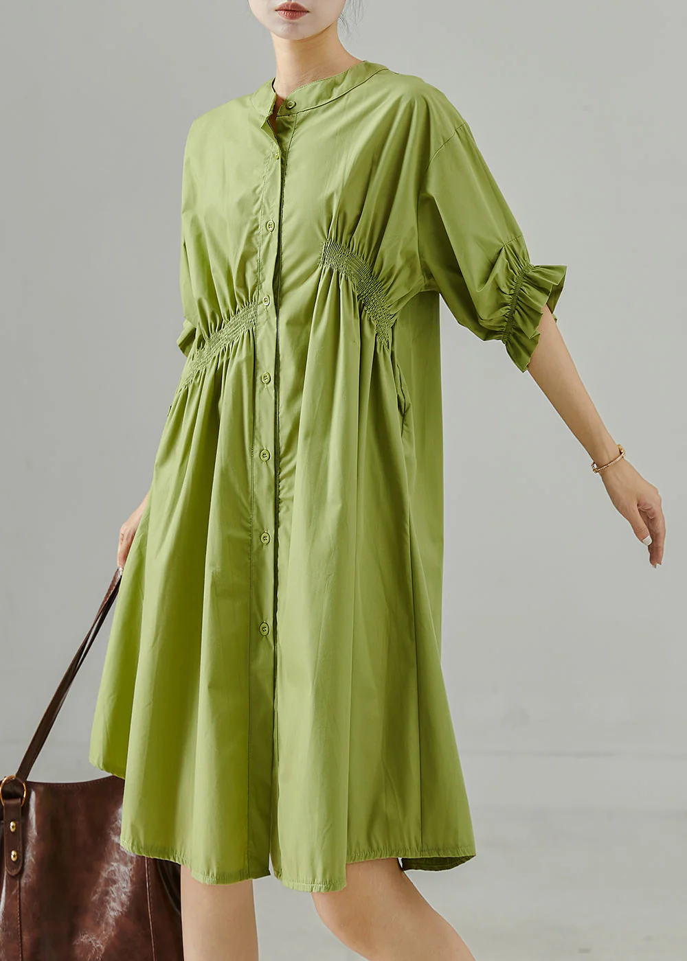 Fine Green Asymmetrical Wrinkled Cotton Day Dress Summer - Image 3