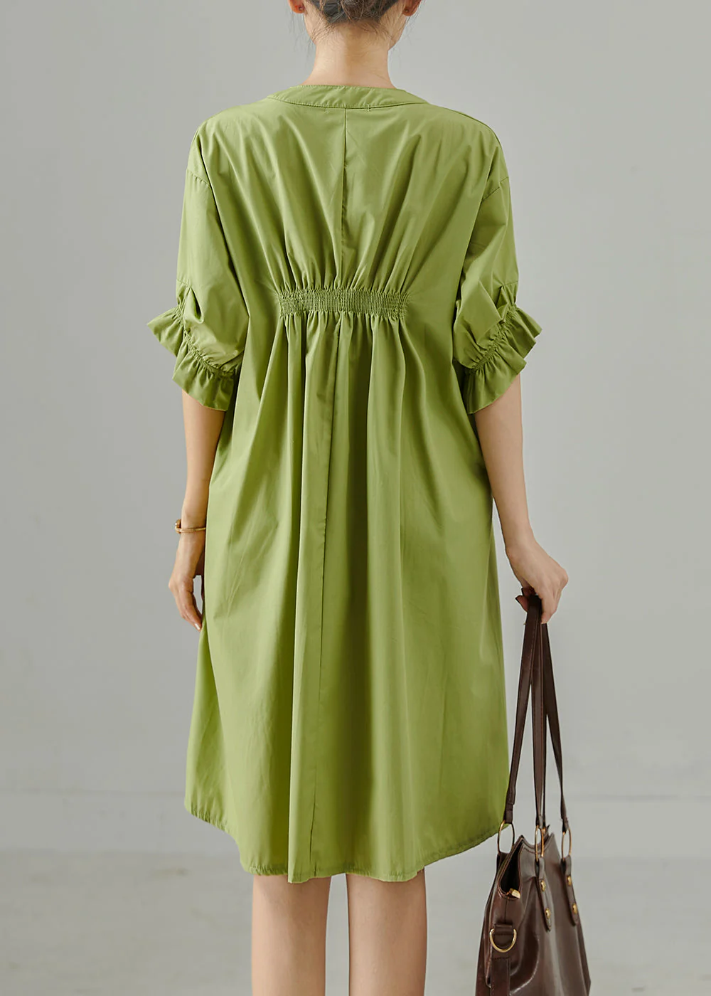 Fine Green Asymmetrical Wrinkled Cotton Day Dress Summer - Image 4