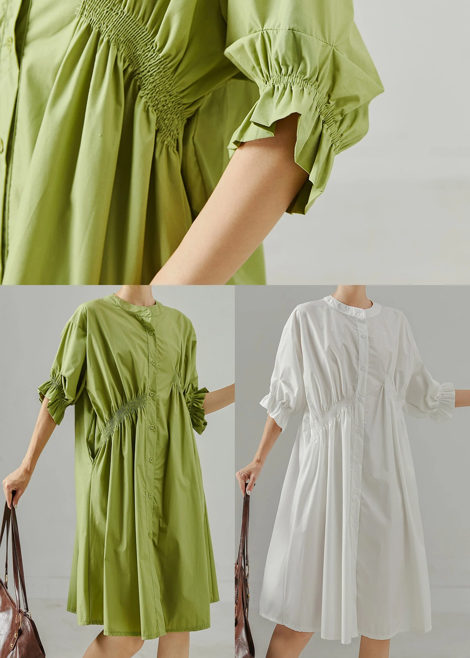 Fine Green Asymmetrical Wrinkled Cotton Day Dress Summer - Image 5