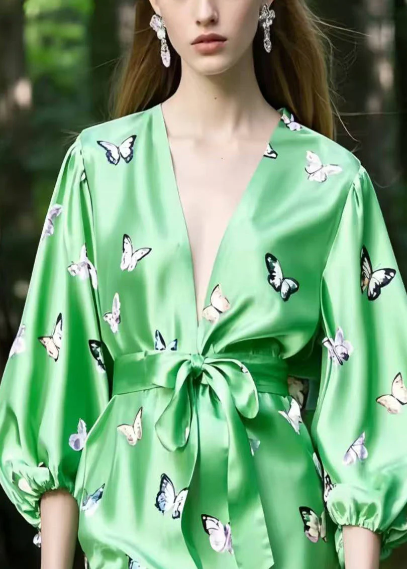 Fine Green Butterfly Patchwork Lace Silk Tea Dresses Bracelet Sleeve - Image 2