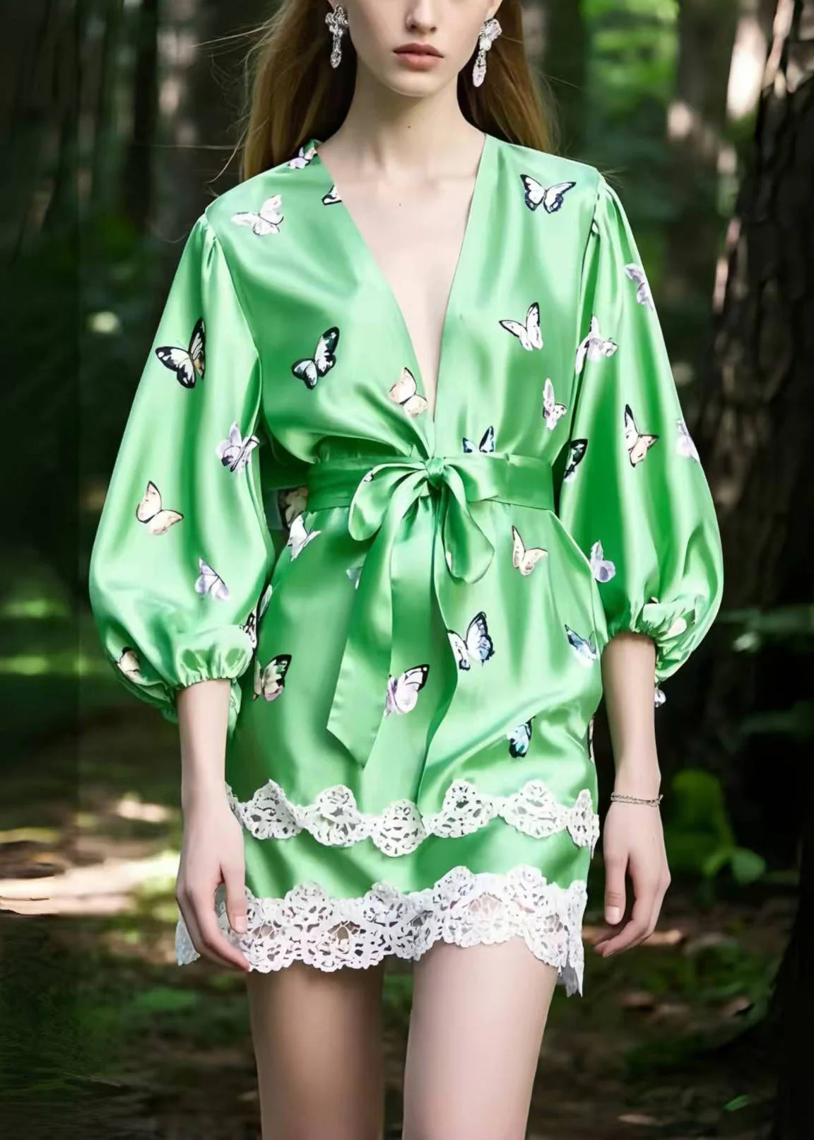 Fine Green Butterfly Patchwork Lace Silk Tea Dresses Bracelet Sleeve - Image 3