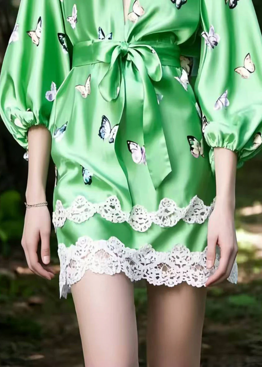 Fine Green Butterfly Patchwork Lace Silk Tea Dresses Bracelet Sleeve - Image 4