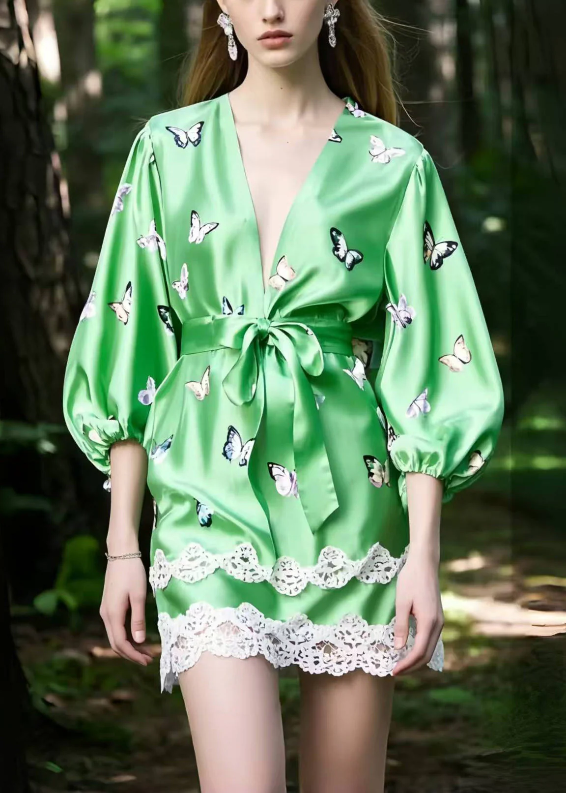 Fine Green Butterfly Patchwork Lace Silk Tea Dresses Bracelet Sleeve - Image 5