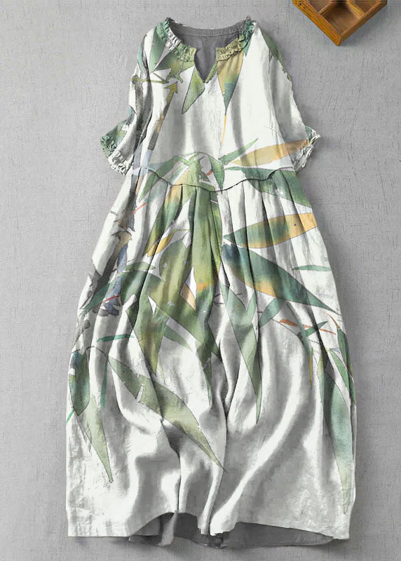 Fine Green cashew nuts V Neck Ruffled Patchwork Linen Dress Summer - Image 3