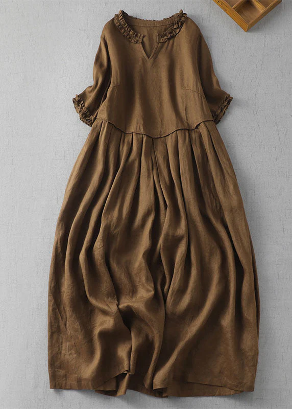 Fine Green cashew nuts V Neck Ruffled Patchwork Linen Dress Summer - Image 4