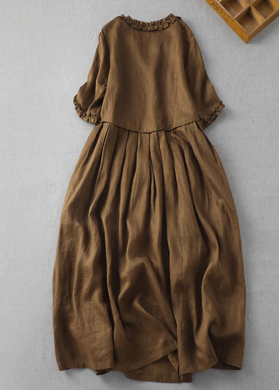 Fine Green cashew nuts V Neck Ruffled Patchwork Linen Dress Summer - Image 5