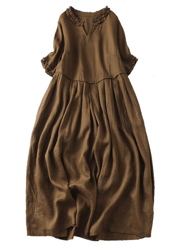Fine Green cashew nuts V Neck Ruffled Patchwork Linen Dress Summer - Image 8