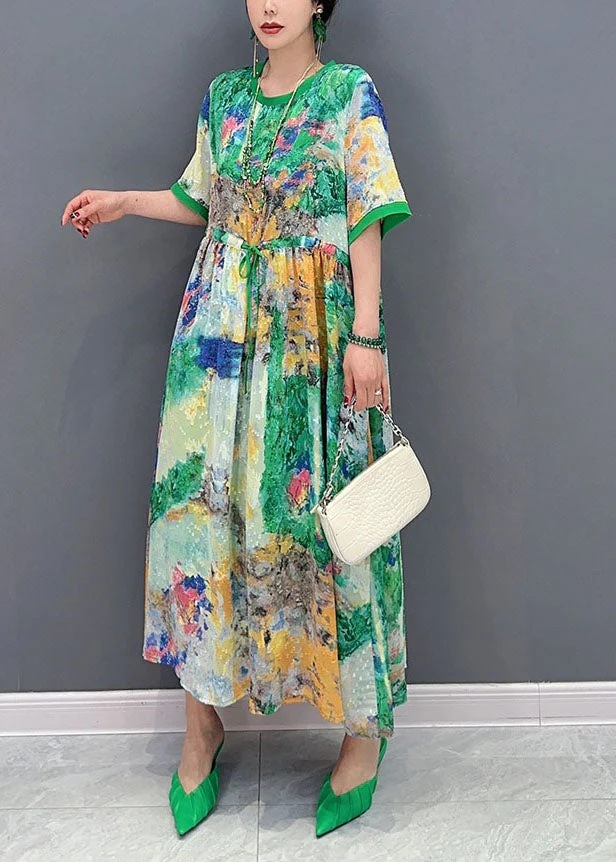 Fine Green Cinched Print Chiffon Vacation Dresses Summer - Image 3
