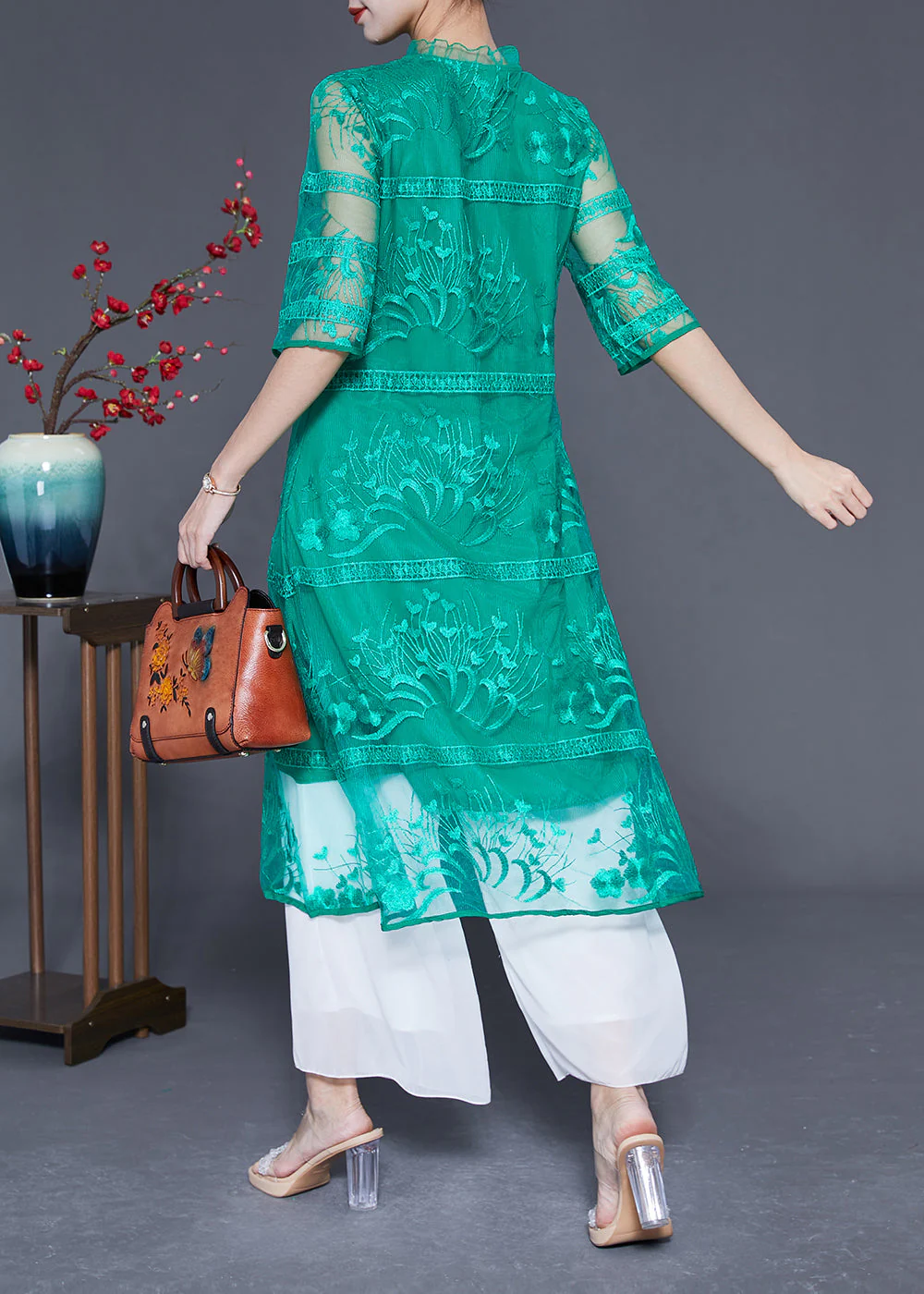 Fine Green Embroideried Hollow Out Tulle Holiday Dress Half Sleeve - Image 3