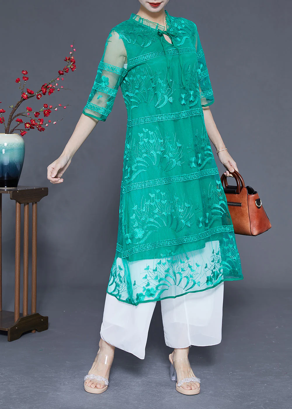 Fine Green Embroideried Hollow Out Tulle Holiday Dress Half Sleeve - Image 4