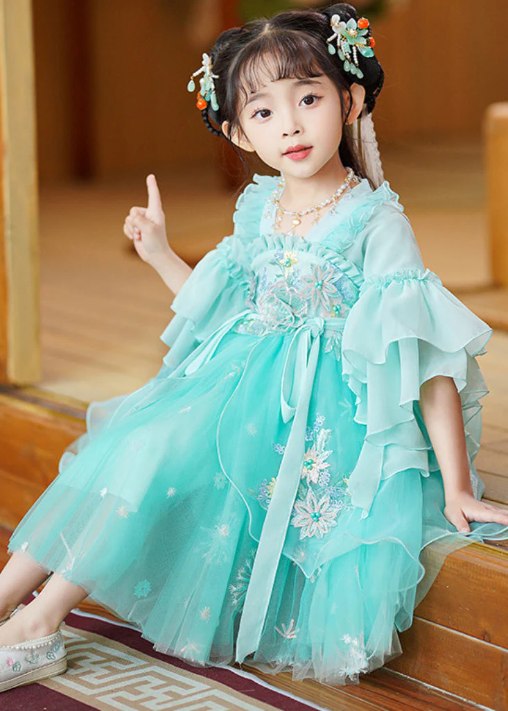 Fine Green Embroideried Patchwork Tie Waist Tulle Baby Girls Mid Dress Flare Sleeve - Image 2