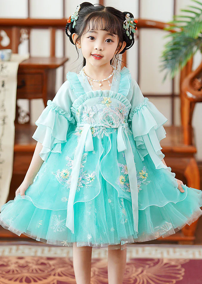 Fine Green Embroideried Patchwork Tie Waist Tulle Baby Girls Mid Dress Flare Sleeve - Image 3