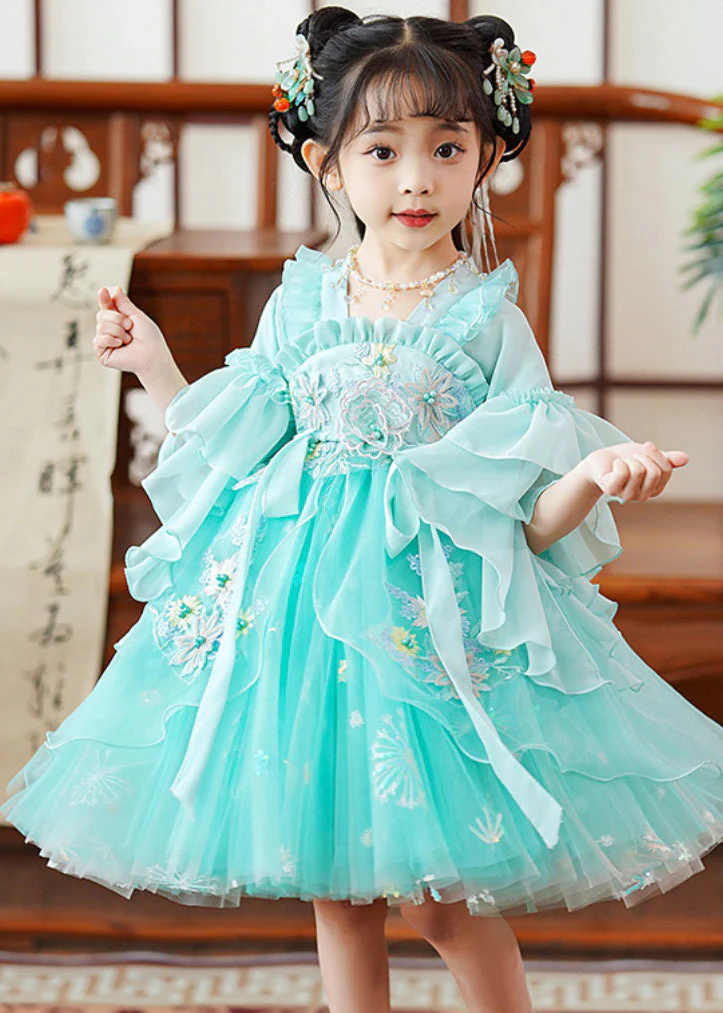 Fine Green Embroideried Patchwork Tie Waist Tulle Baby Girls Mid Dress Flare Sleeve - Image 4
