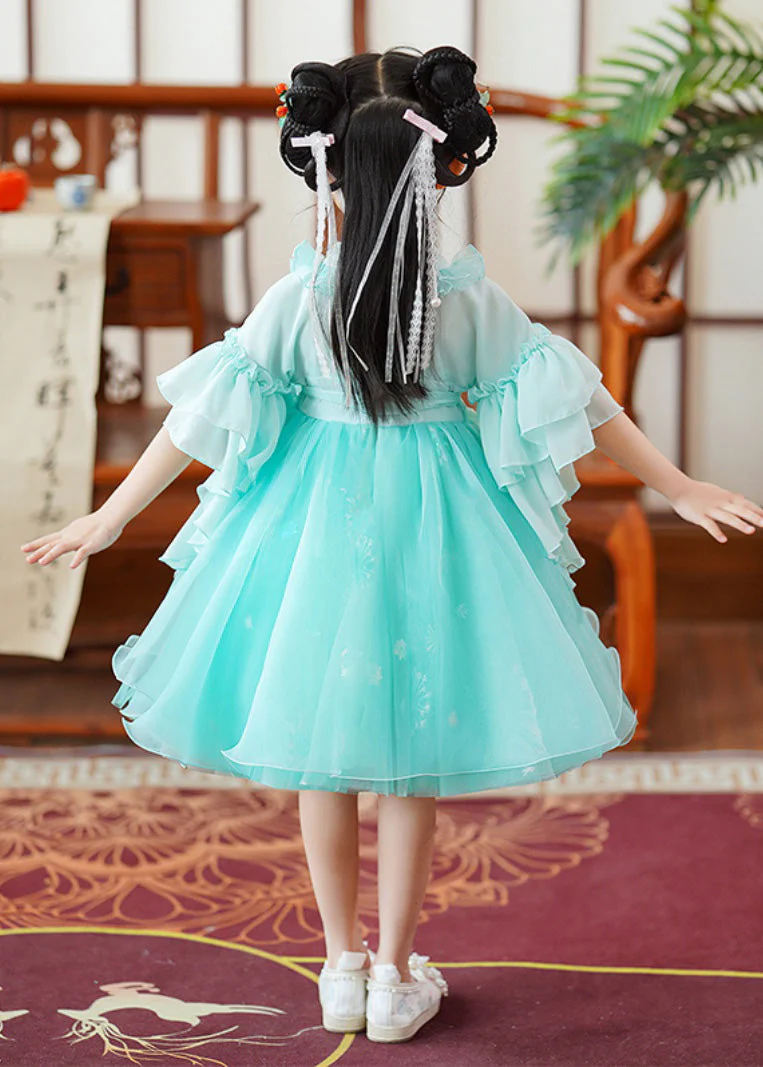Fine Green Embroideried Patchwork Tie Waist Tulle Baby Girls Mid Dress Flare Sleeve - Image 5