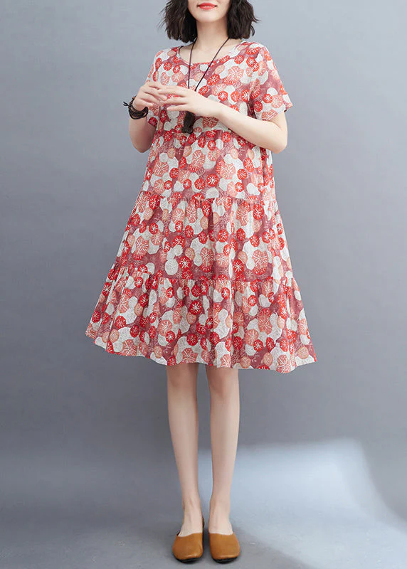 Fine Green O-Neck Print Ruffled Patchwork Mid Dress Summer - Image 2
