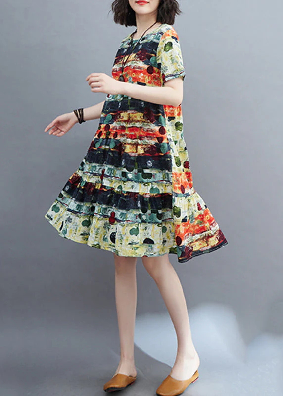 Fine Green O-Neck Print Ruffled Patchwork Mid Dress Summer - Image 3