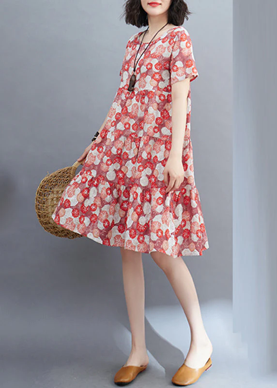 Fine Green O-Neck Print Ruffled Patchwork Mid Dress Summer - Image 4