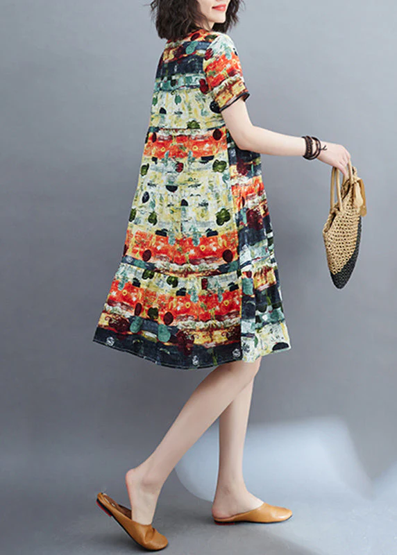 Fine Green O-Neck Print Ruffled Patchwork Mid Dress Summer - Image 5