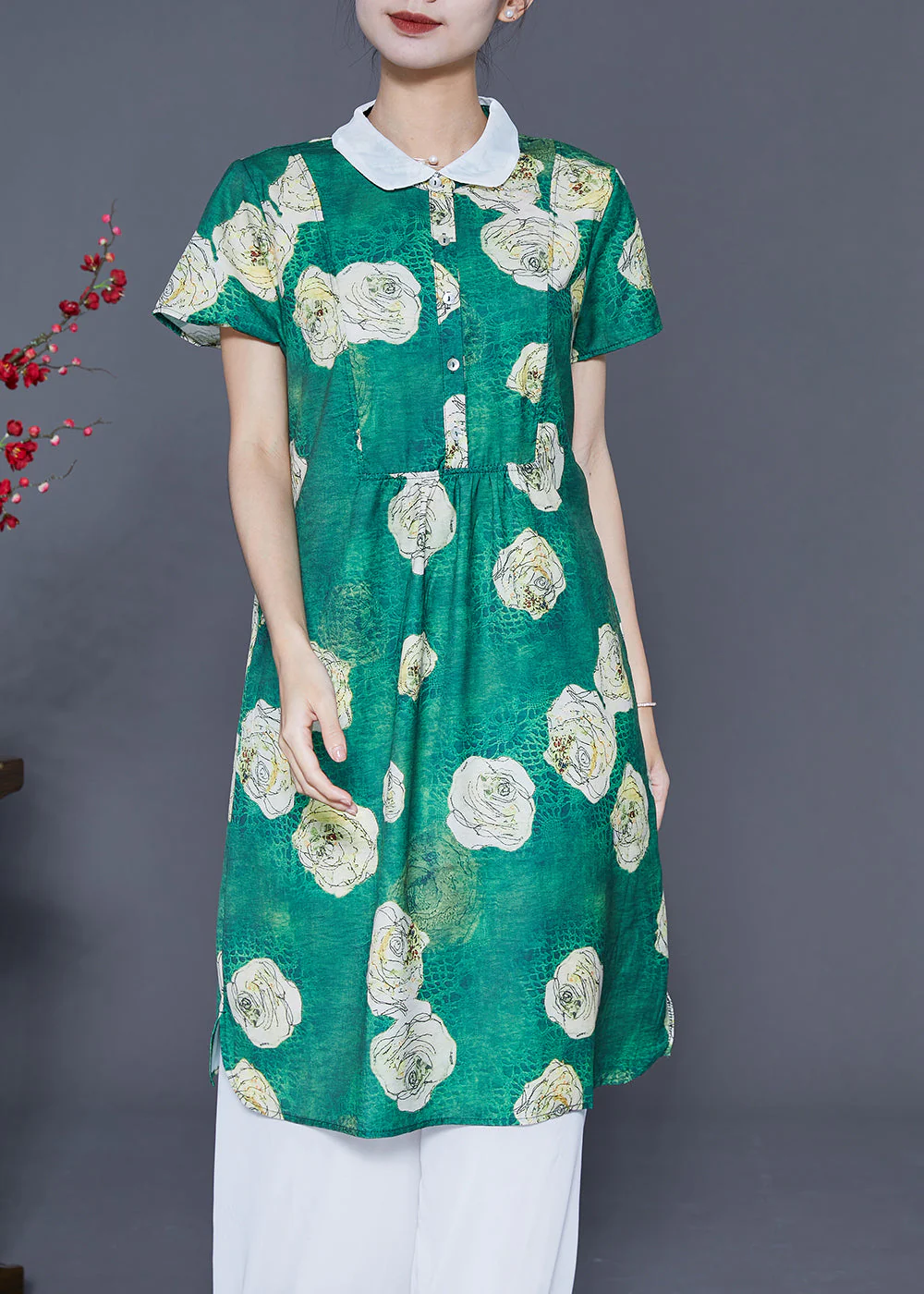Fine Green Peter Pan Collar Floral Chiffon Shirt Dress Summer - Image 2