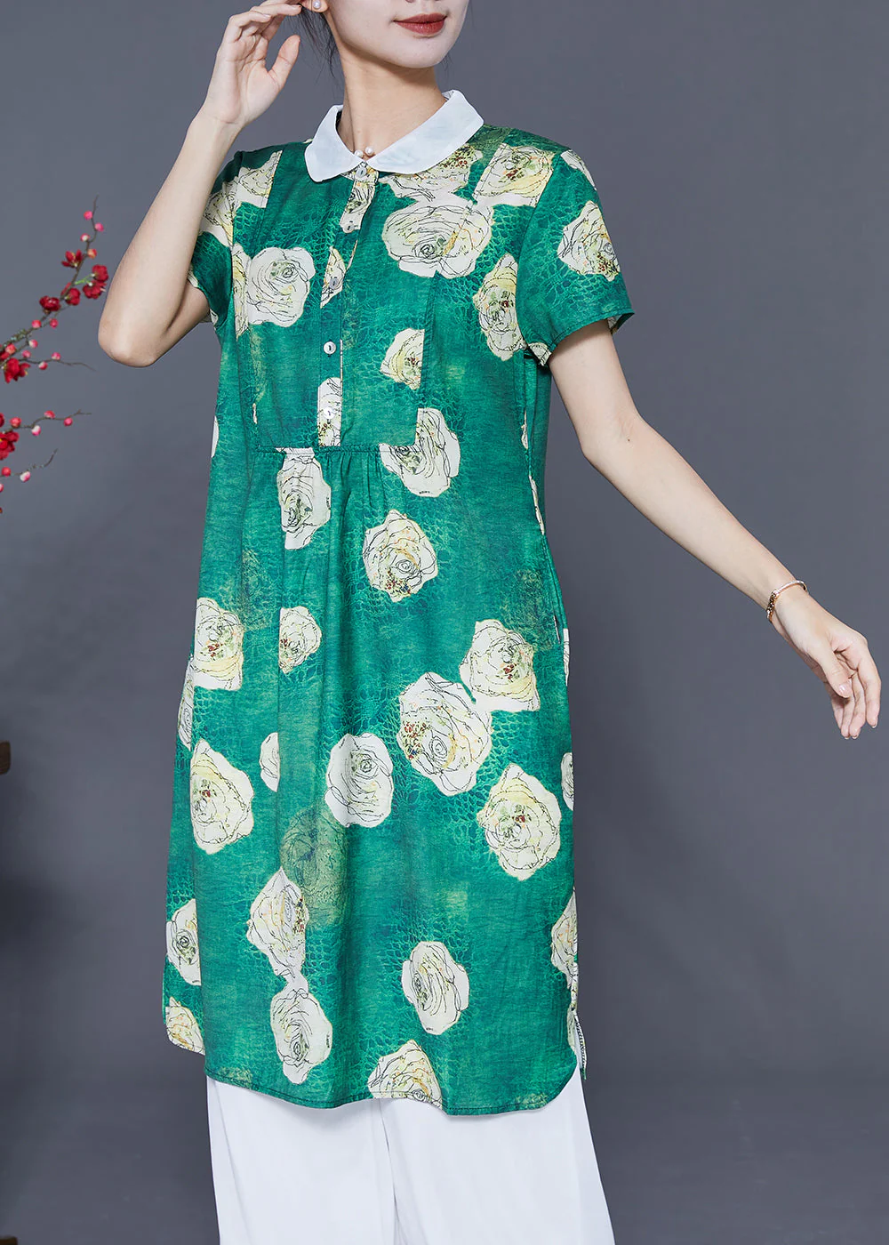 Fine Green Peter Pan Collar Floral Chiffon Shirt Dress Summer - Image 3