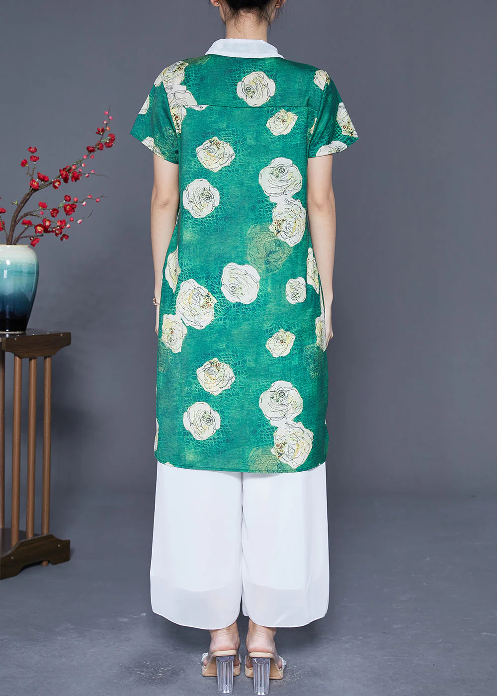 Fine Green Peter Pan Collar Floral Chiffon Shirt Dress Summer - Image 4