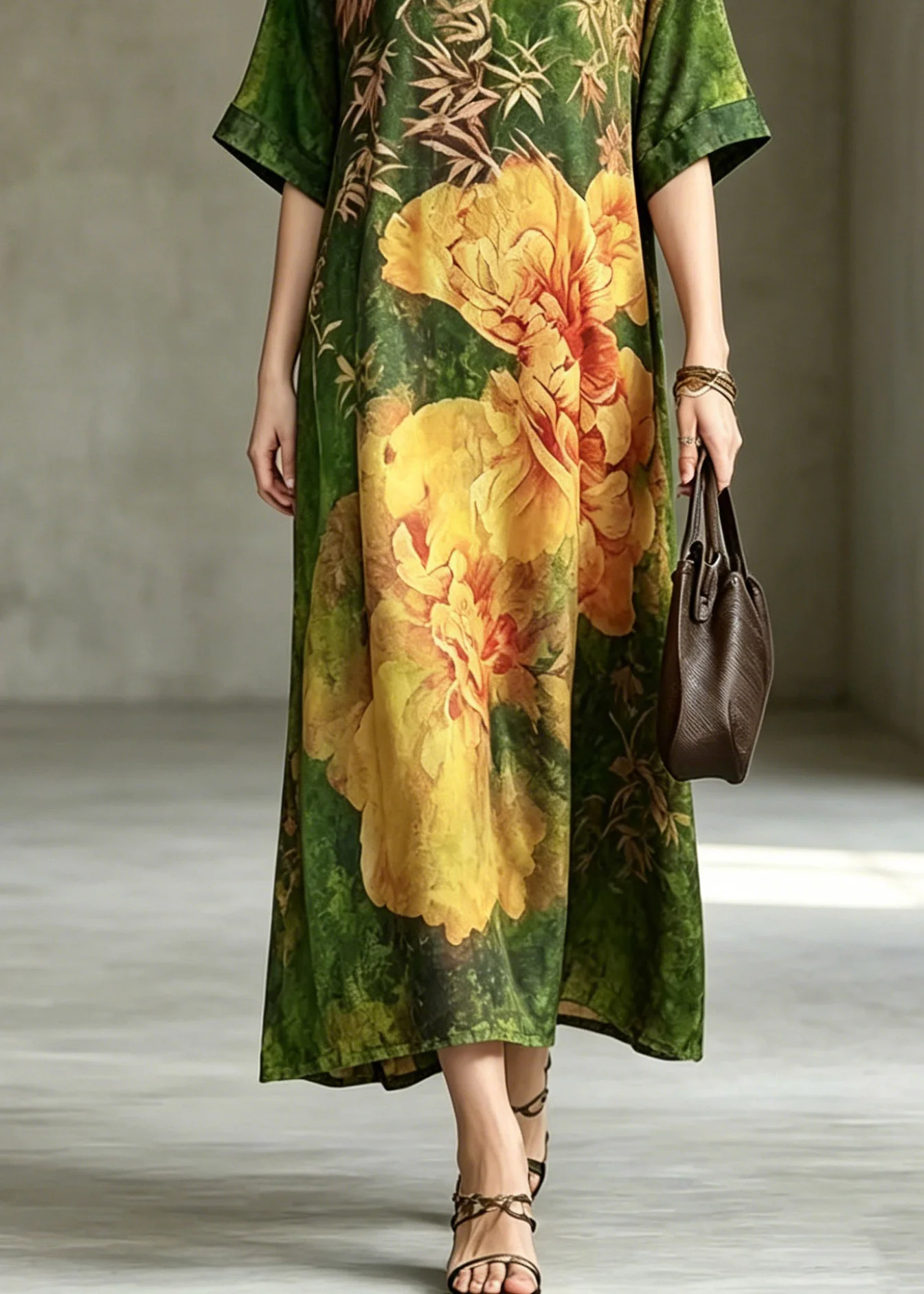 Fine Green Print Silk Maxi Dress Short Sleeve - Image 4