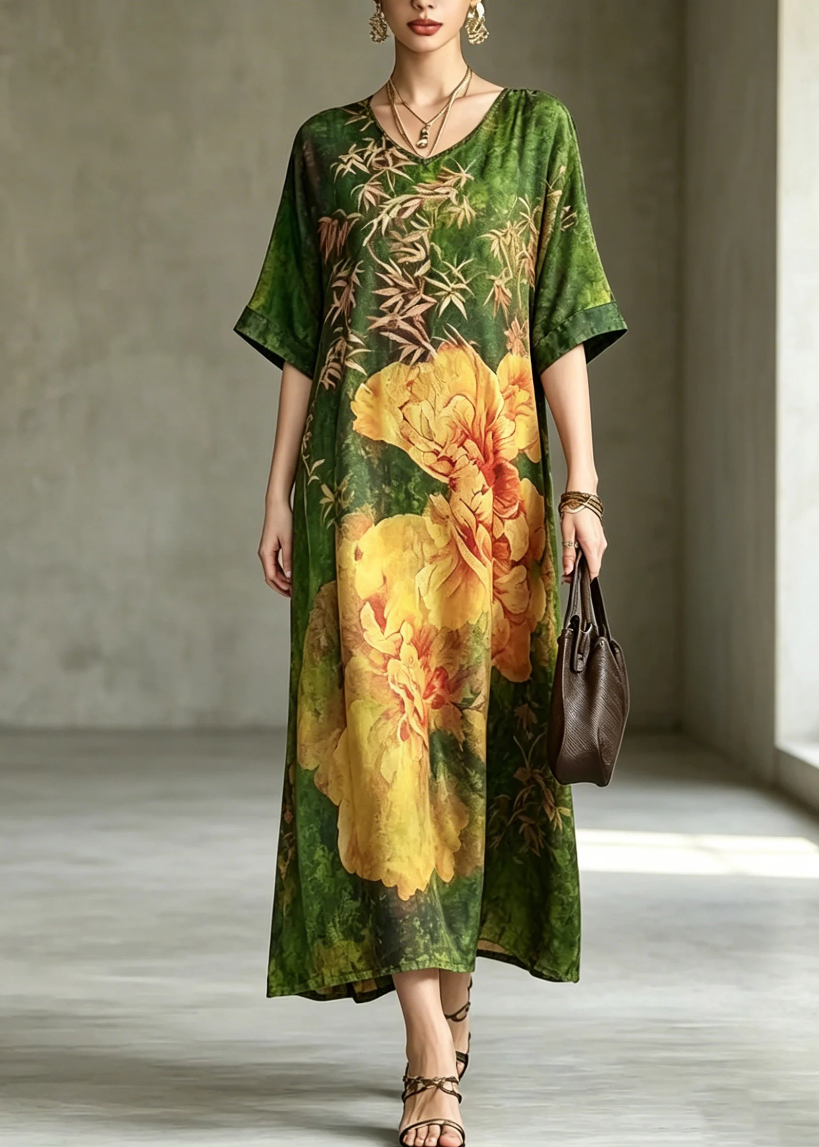 Fine Green Print Silk Maxi Dress Short Sleeve - Image 5